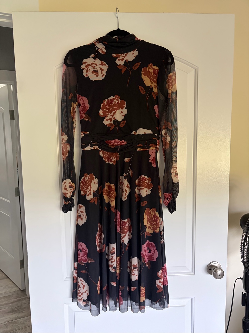 Suzy Shier Black Floral Midi Dress with Pink and Brown Roses